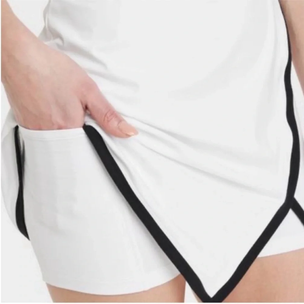 White Sleeveless Bodysuit Dress / Shorts with Black Trim & Pockets - Picture 8 of 9